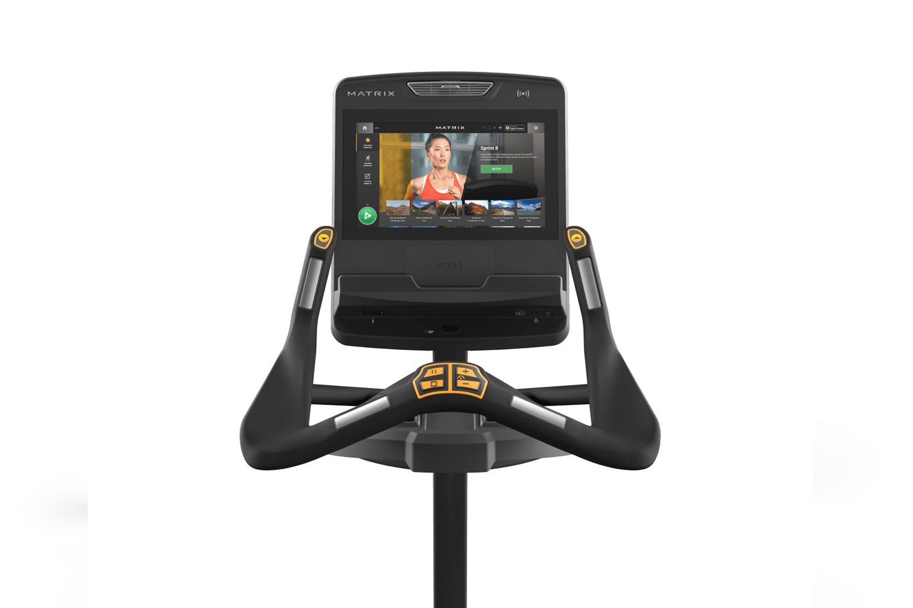 Matrix Performance Upright Cycle with black frame, gold accents, digital display screen showing workout content, and dual han