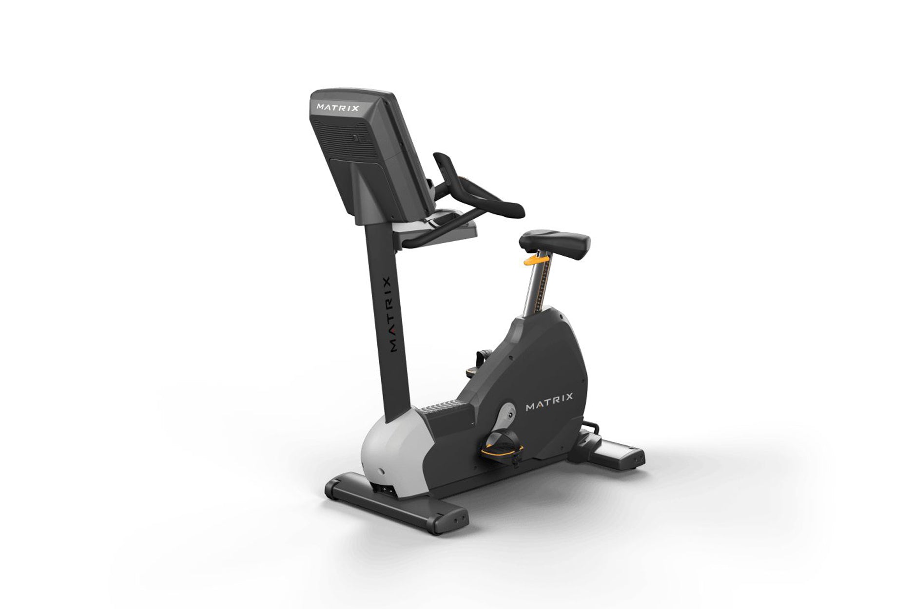 Matrix black and white upright stationary exercise bike with digital console on white background