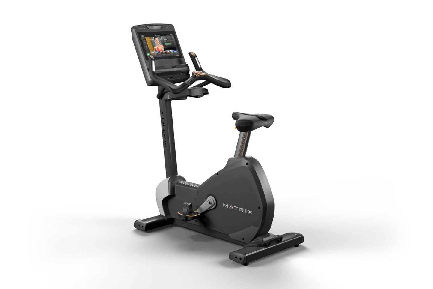 Matrix black upright exercise bike with digital touchscreen console, adjustable handlebars and seat, on white background