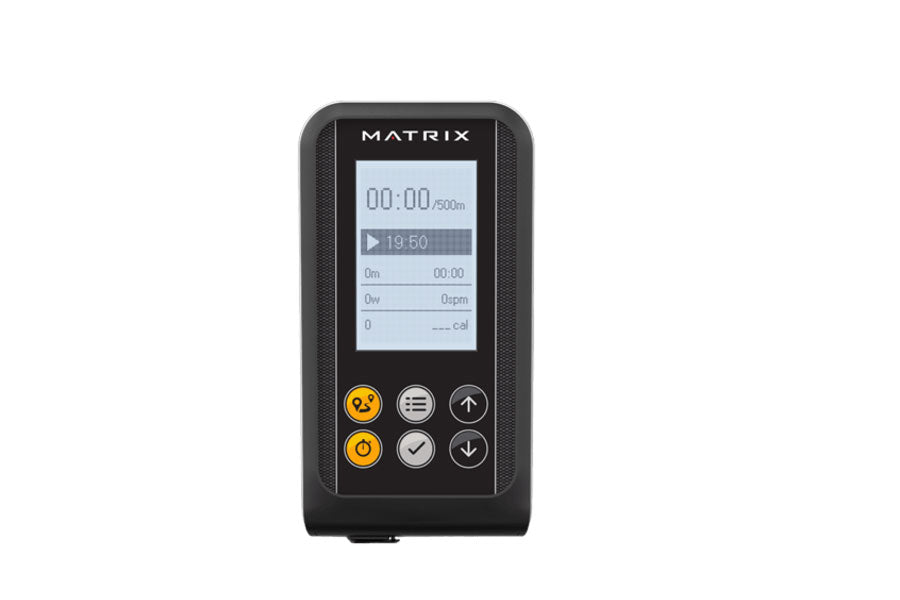 Matrix rowing machine console with LCD display showing time and distance, black housing with yellow and gray control buttons 