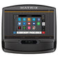 Matrix T75 treadmill with black frame, touchscreen display showing fitness app icons, and control panel with buttons on white