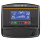 Matrix T75 Treadmill console displaying workout metrics including calories, distance, incline, and heart rate on blue screen 
