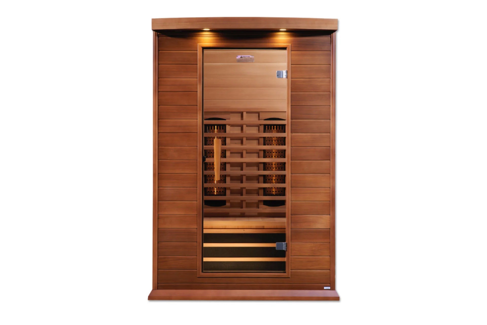 Cedar two-person infrared sauna with glass door, wooden benches, interior lighting, and black heating elements on white backg