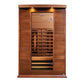 Cedar two-person infrared sauna with glass door, wooden benches, interior lighting, and black heating elements on white backg