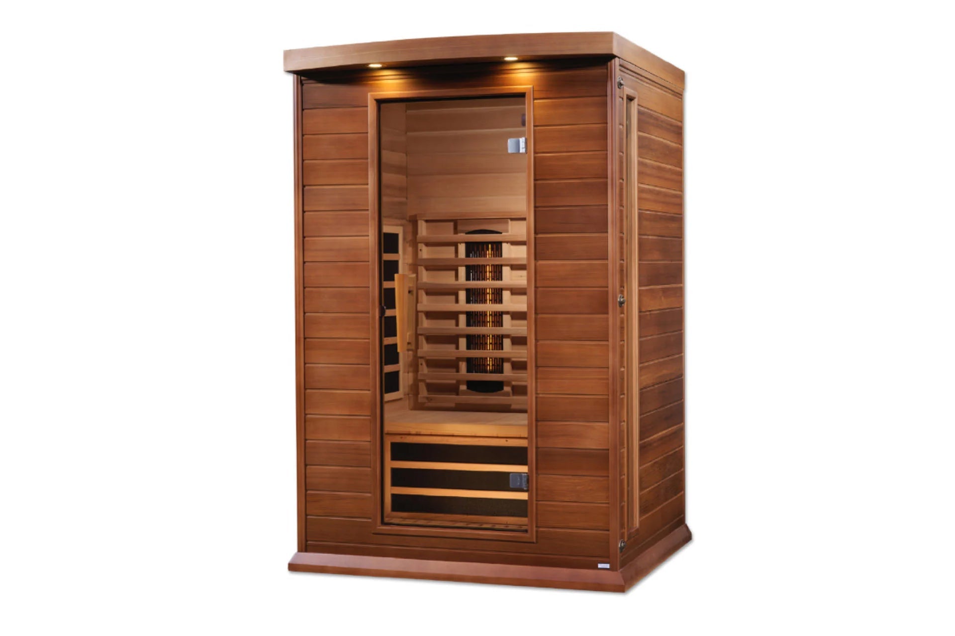 Cedar wood infrared sauna cabin with glass door, interior bench seating, infrared heaters, and overhead lighting on white bac