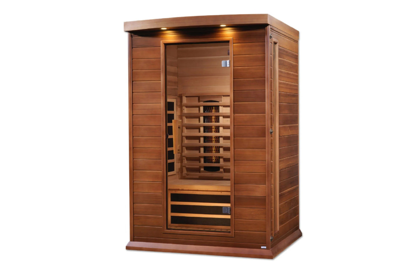 Cedar wood infrared sauna cabin with glass door, interior bench seating, infrared heaters, and overhead lighting on white bac