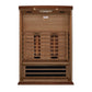 Cedar infrared sauna with dual heating panels and black vents, viewed from front on white background