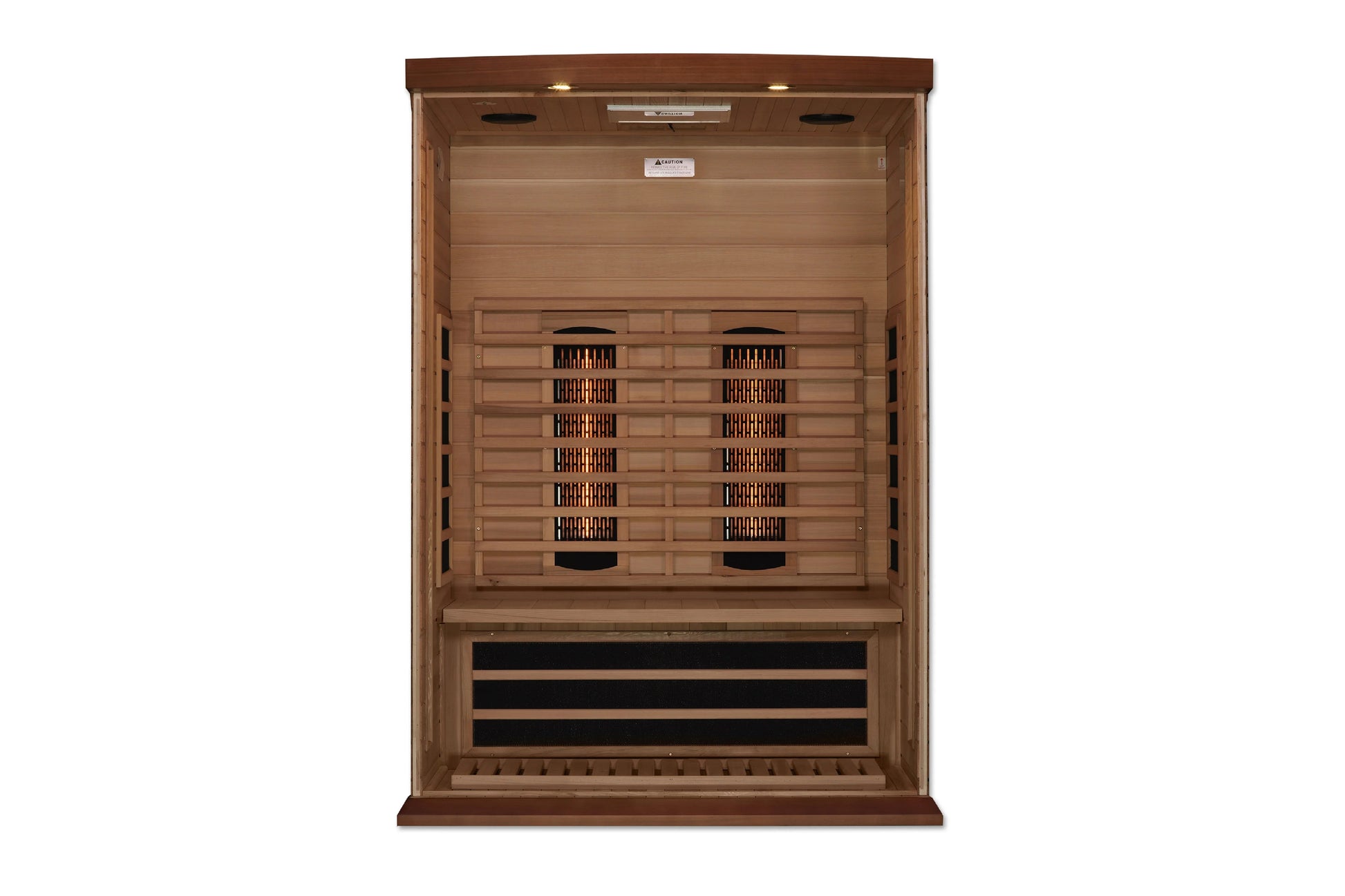 Cedar infrared sauna with dual heating panels and black vents, viewed from front on white background