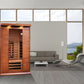 Red cedar infrared sauna cabin with glass door and front-facing heater, displayed in modern living room with ocean view