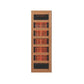 Tall wooden sauna cabinet with glass door displaying red and black interior panels and shelving, on white background