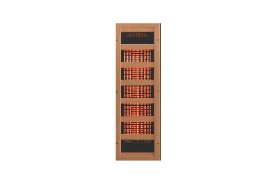 Tall wooden sauna cabinet with glass door displaying red and black interior panels and shelving, on white background