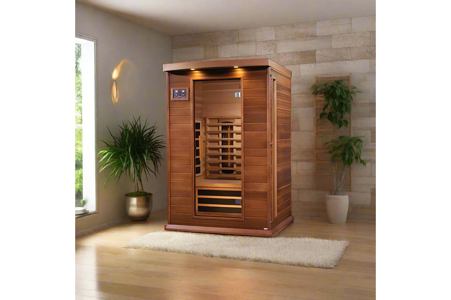 Two-person infrared sauna with cedar wood construction, glass door, and digital control panel in modern spa room with potted 
