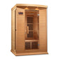 Two-person infrared sauna with cedar wood construction, digital control panel, and vertical heating elements visible through 