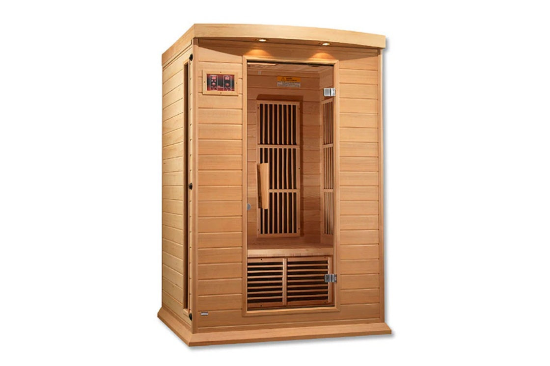 Two-person infrared sauna with cedar wood construction, digital control panel, and vertical heating elements visible through 