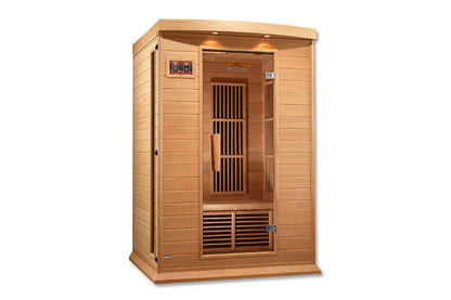 Two-person infrared sauna with cedar wood construction, digital control panel, and vertical heating elements visible through 