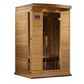 Two-person infrared sauna with natural wood construction, glass door with dark interior, digital control panel, and wooden be