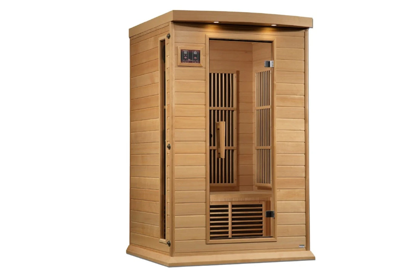 Two-person infrared sauna with light wood construction, vertical and horizontal slat interior panels, digital control panel, 