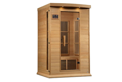 Two-person infrared sauna with light wood construction, vertical and horizontal slat interior panels, digital control panel, 