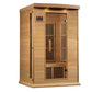 Two-person infrared sauna with light wood construction, vertical and horizontal slat interior panels, digital control panel, 