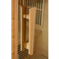 Natural wood pull handle on sauna door with cylindrical design and metal mounting bracket