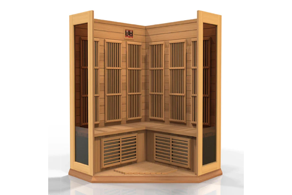 Cedar corner infrared sauna with vertical slat design, bench seating, louvered vents, and glass door panels on white backgrou
