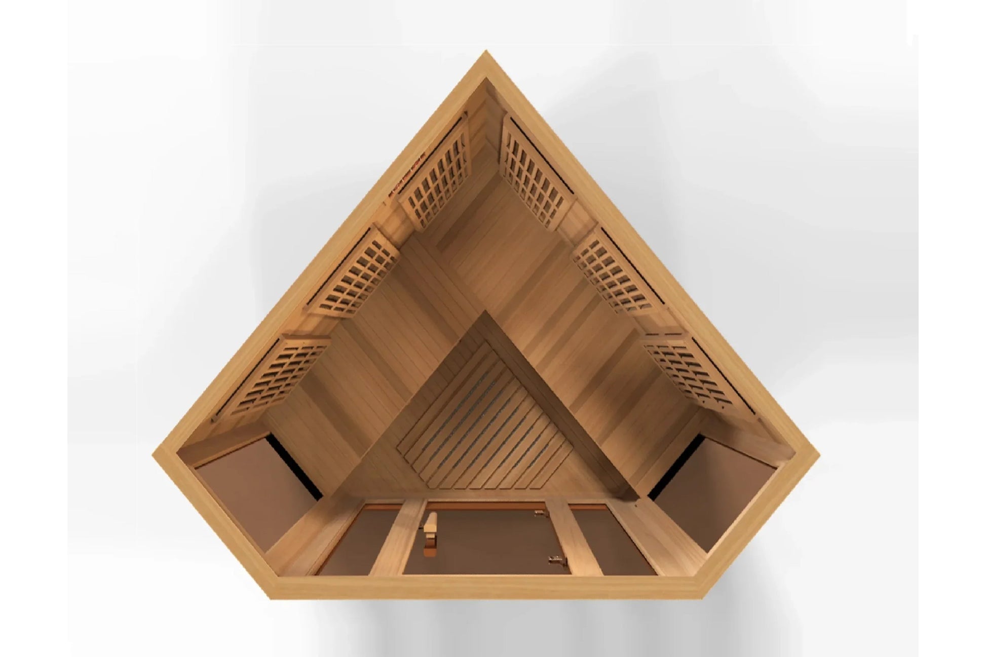 Wooden sauna interior with pyramid roof, viewing angle showing cedar construction, ventilation grilles, benches, and heating 