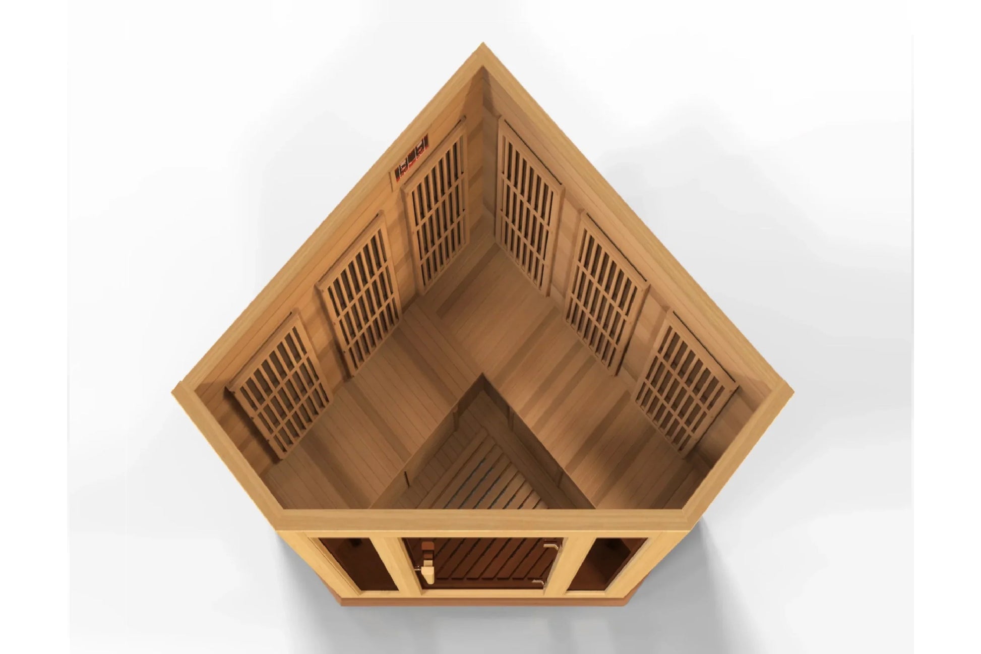 Cedar infrared sauna with pyramid roof, vented panels on interior walls, and control panel at base, shown from overhead angle