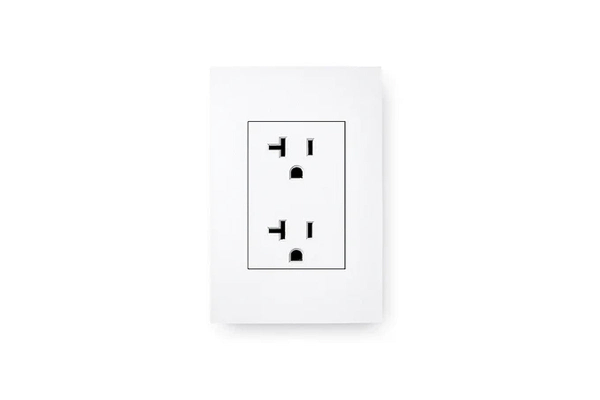 White outlet cover with two stacked electrical receptacles on white background