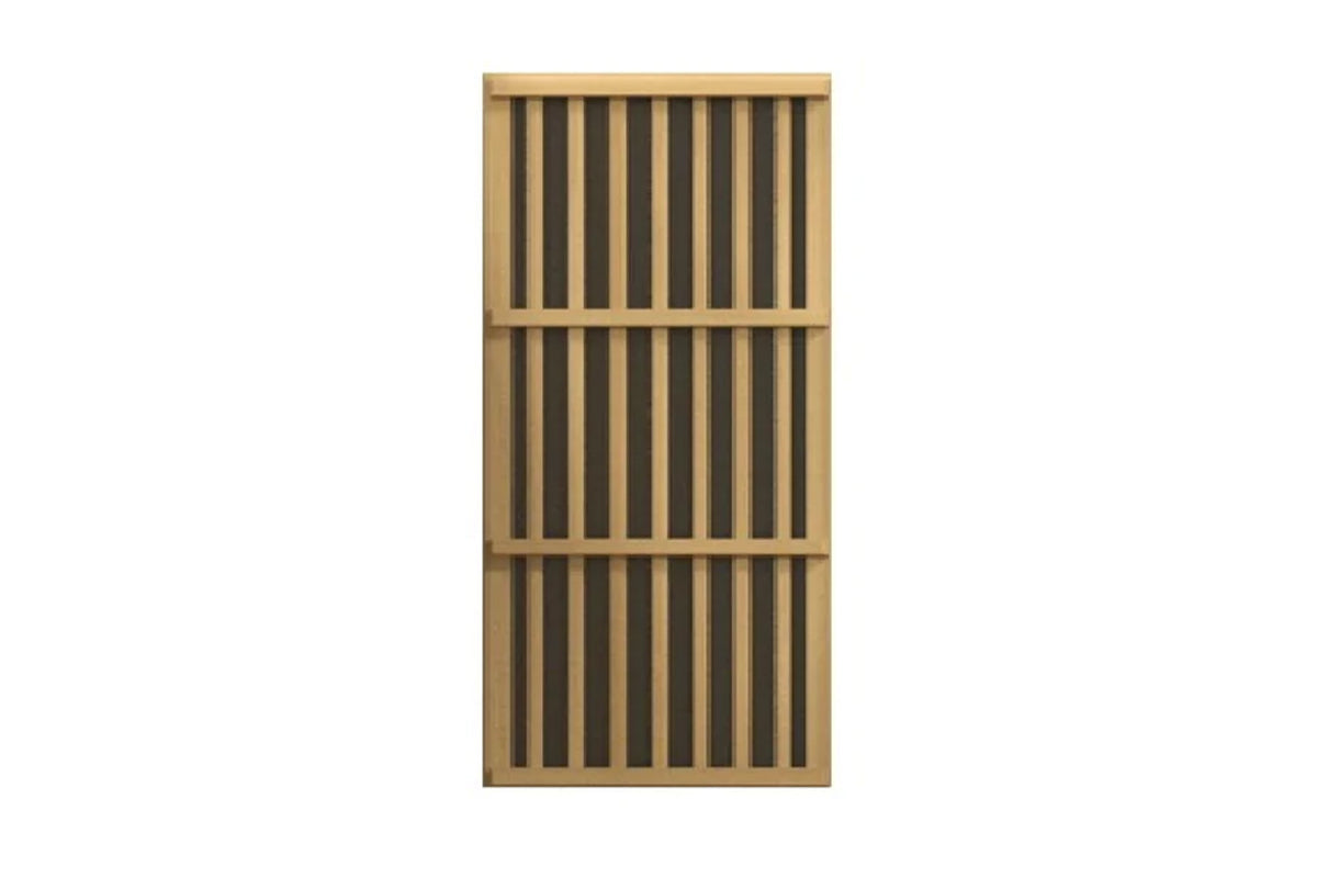 Light wood sauna panel with vertical slat design and horizontal dividers on white background