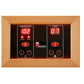 Wooden framed sauna control panel with digital temperature and timer displays, red LED buttons and indicators on black backgr