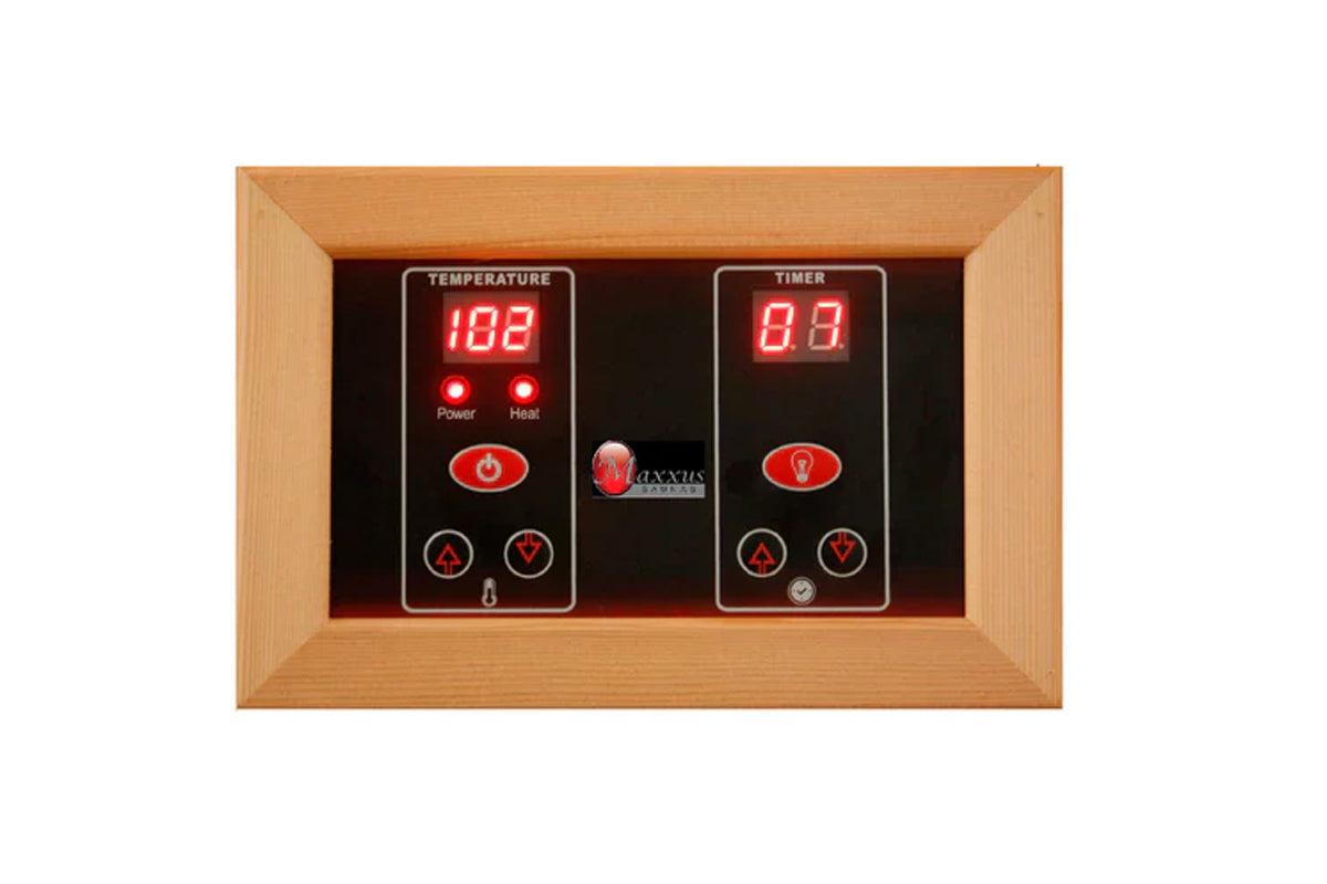 Wooden framed sauna control panel with digital temperature and timer displays, red LED buttons and indicators on black backgr