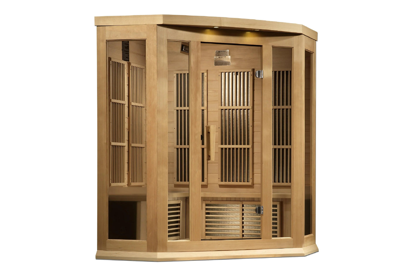 Natural wood corner infrared sauna with vertical slat glass doors and ventilation grilles, shown on white background