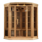 Corner infrared sauna with light wood construction, glass front doors with vertical slats, and interior bench seating visible