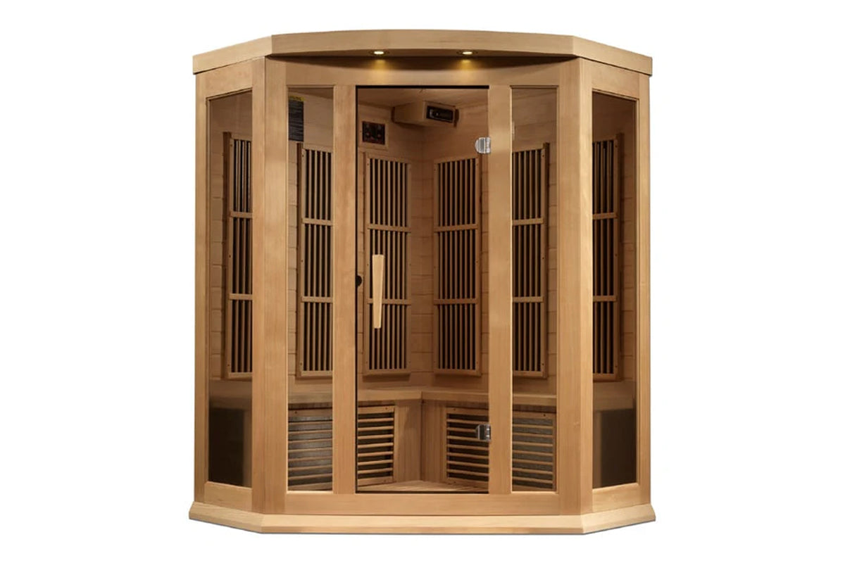 Corner infrared sauna with light wood construction, glass front doors with vertical slats, and interior bench seating visible