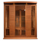 Four-person infrared sauna with cedar wood construction, glass front doors with vertical slats, wooden benches, and black roo