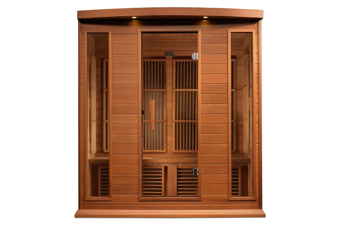 Four-person infrared sauna with cedar wood construction, glass front doors with vertical slats, wooden benches, and black roo