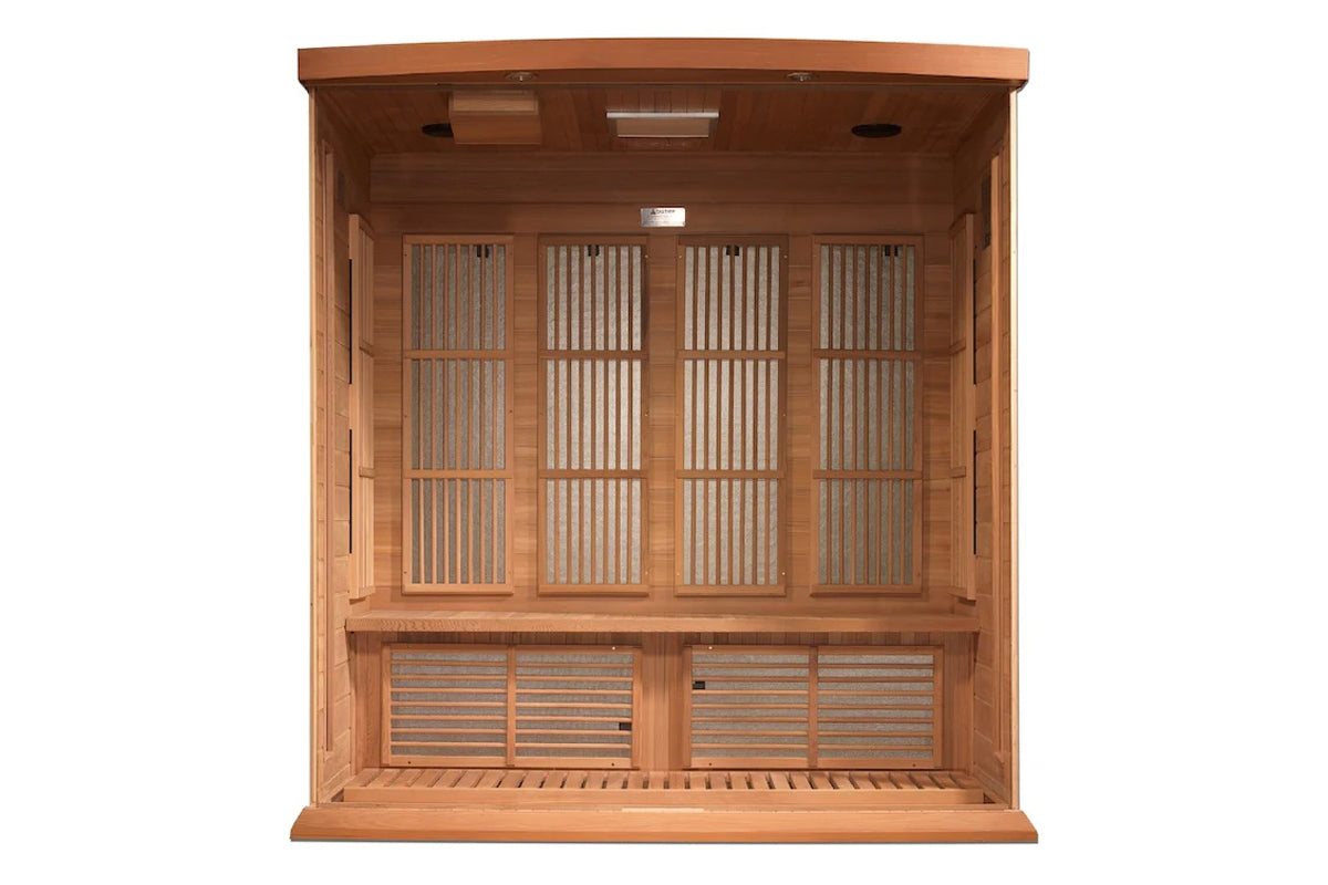 Cedar wood sauna with four glass doors and metal vents, interior view showing wooden bench seating and control panel on white