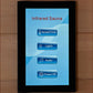 Infrared sauna control panel with black frame displaying blue interface showing Temp&Timer, Lights, Audio, and Power Off butt