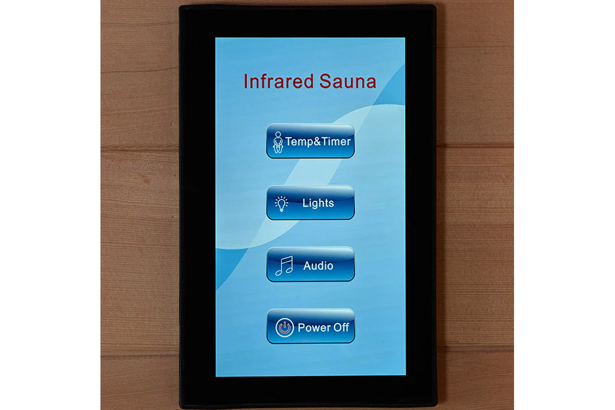 Infrared sauna control panel with black frame displaying blue interface showing Temp&Timer, Lights, Audio, and Power Off butt