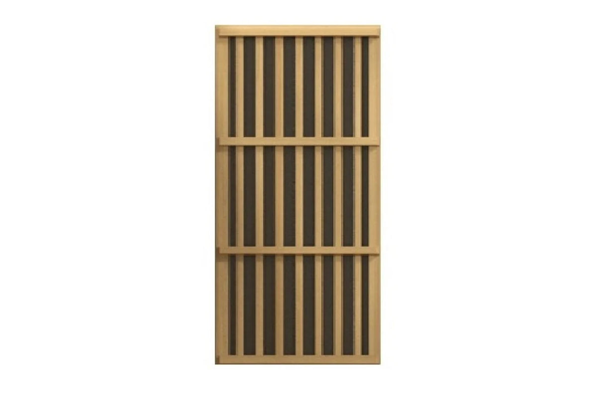 Natural wood sauna panel with vertical slats and three horizontal crossbars, displayed on white background