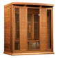 Cedar wood sauna cabin with double glass doors, vertical heater vents, and bench seating visible inside, on white background