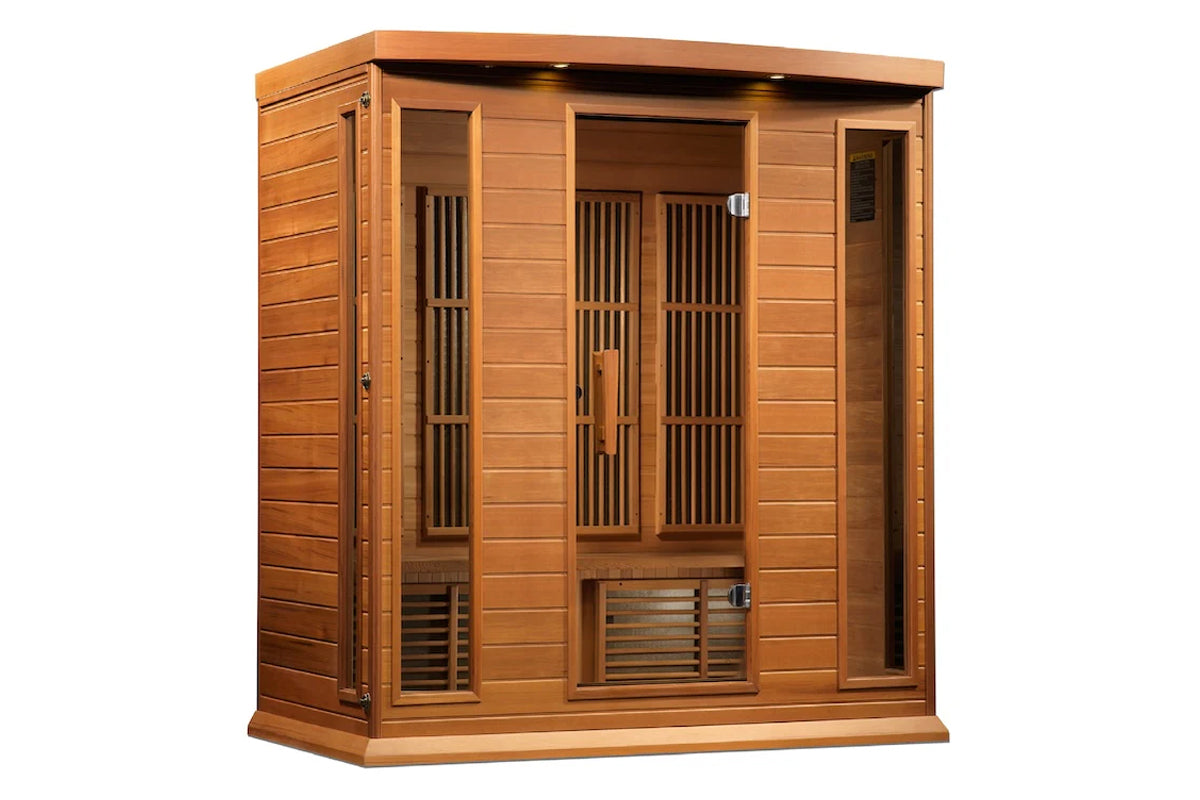 Cedar wood sauna cabin with double glass doors, vertical heater vents, and bench seating visible inside, on white background