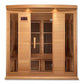 Four-person infrared sauna with natural cedar exterior, double glass doors with vertical slats, digital control panel, and re
