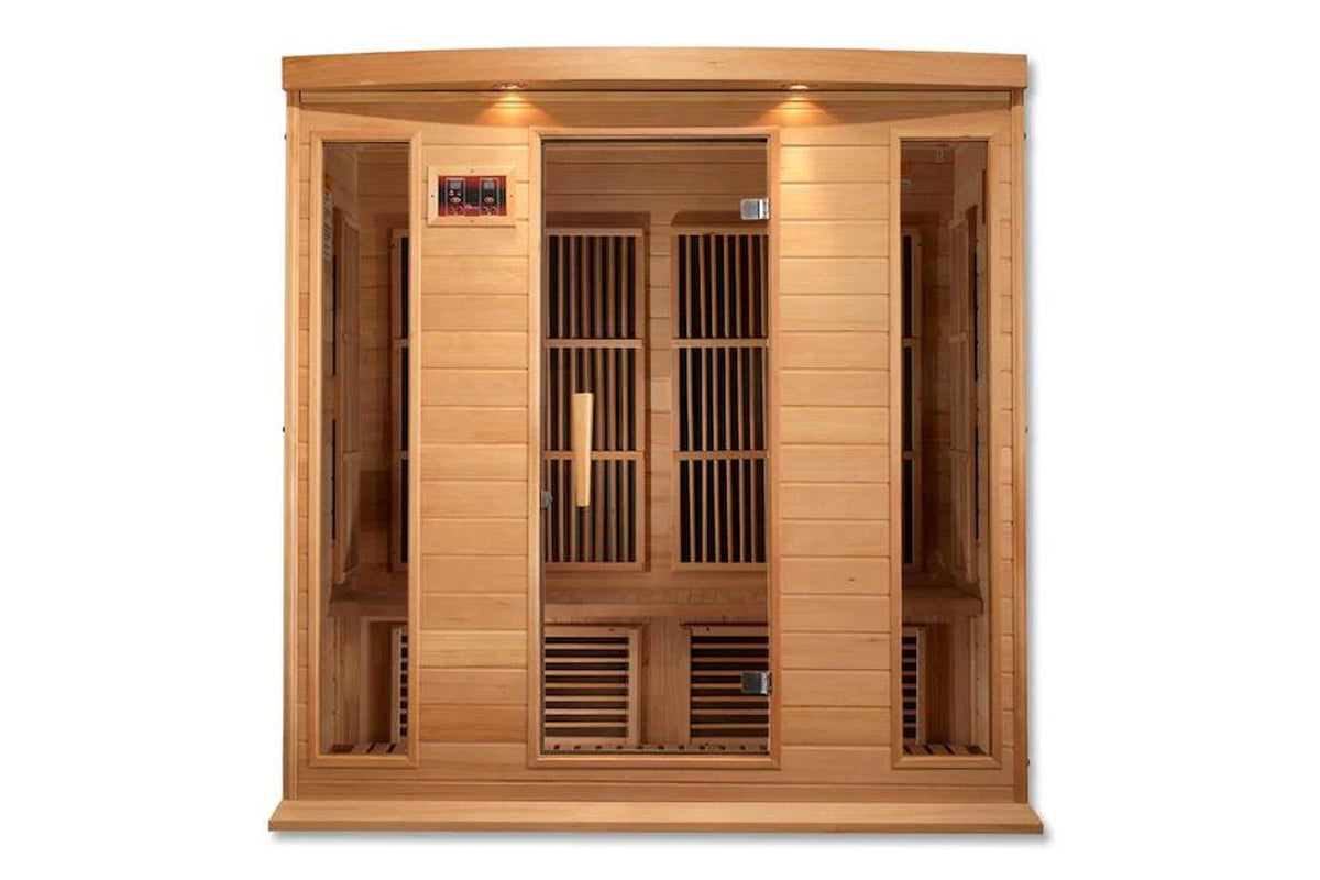 Four-person infrared sauna with natural cedar exterior, double glass doors with vertical slats, digital control panel, and re
