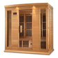 Four-person infrared sauna with natural wood construction, glass doors with vertical vents, control panel, and built-in light