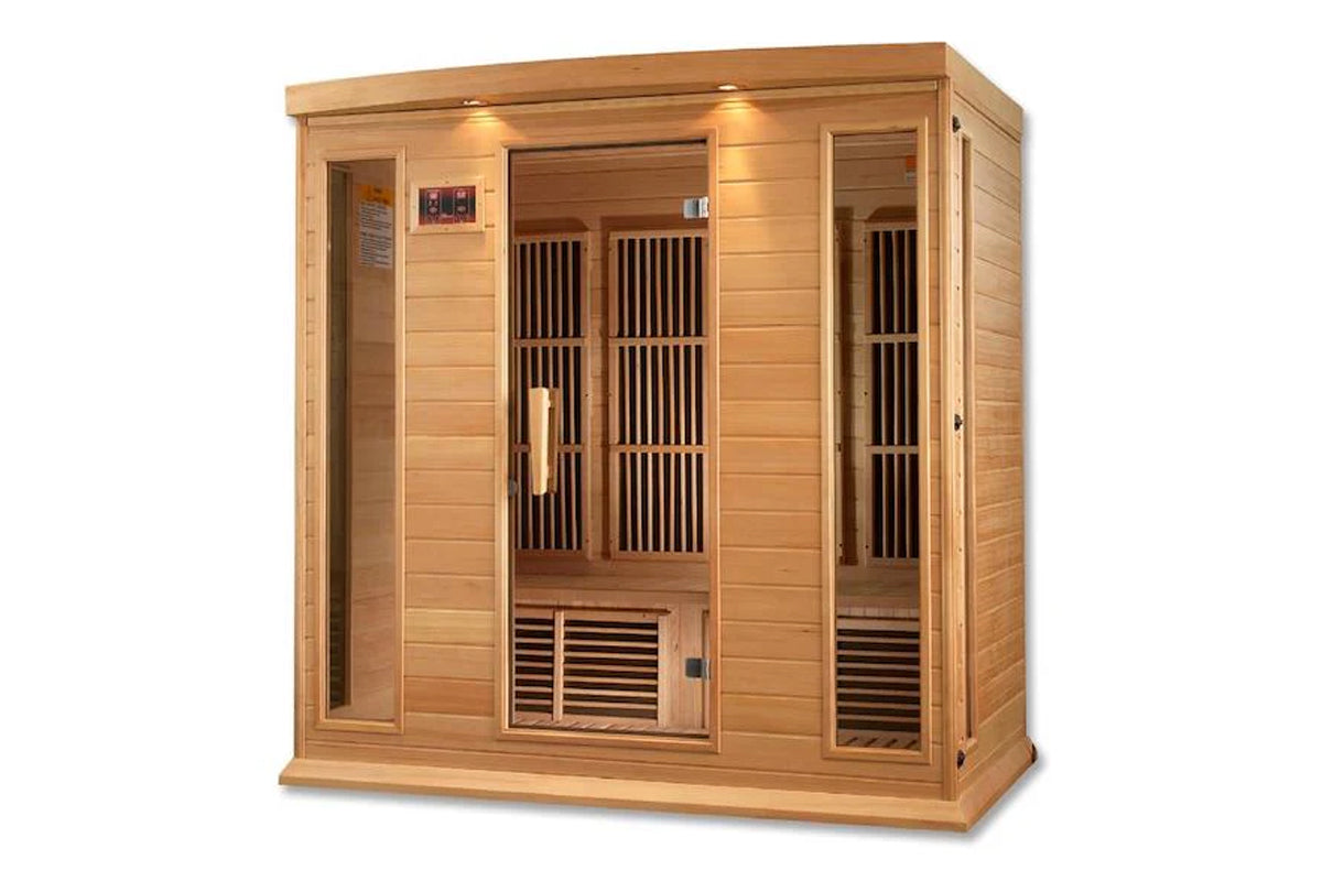 Four-person infrared sauna with natural wood construction, glass doors with vertical vents, control panel, and built-in light