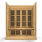 Four-person sauna with natural wood construction, vertical slatted vents on upper panels, horizontal louvered lower vents, an