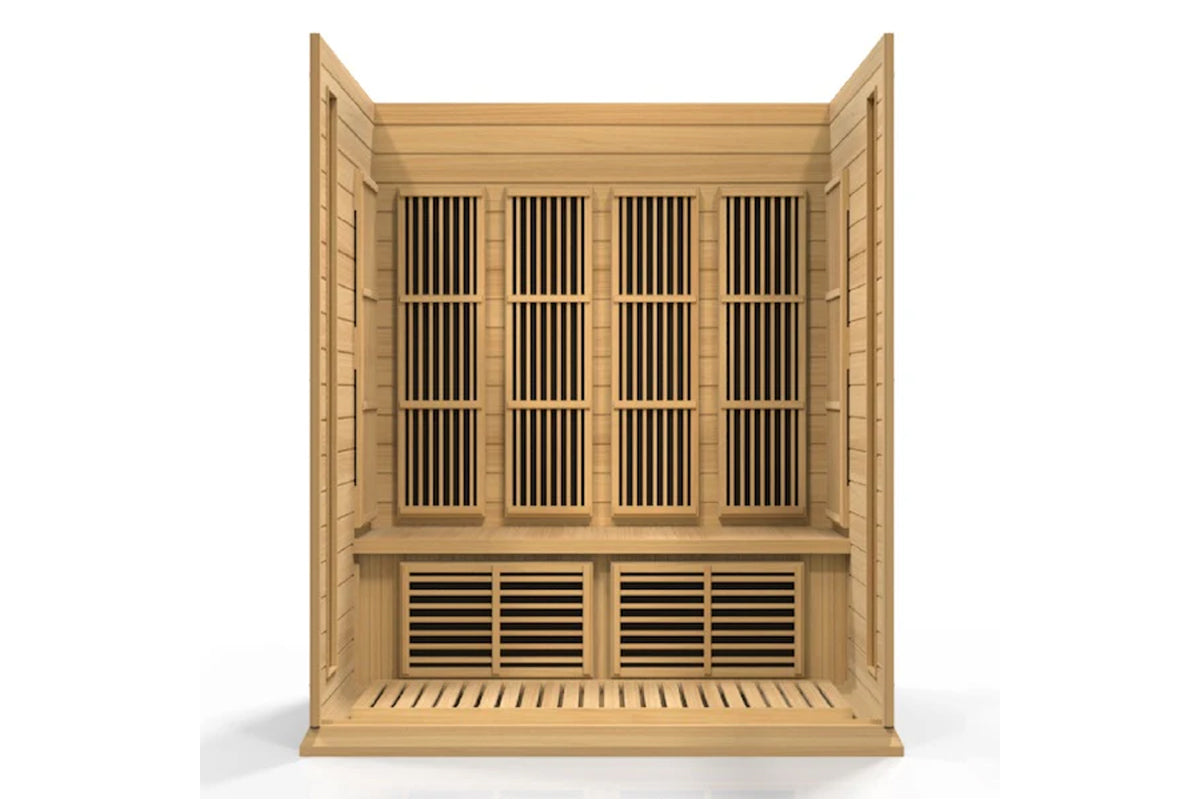 Four-person sauna with natural wood construction, vertical slatted vents on upper panels, horizontal louvered lower vents, an
