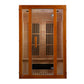 Two-person infrared sauna with natural wood construction, tempered glass doors, two wooden benches, and black heater panels, 