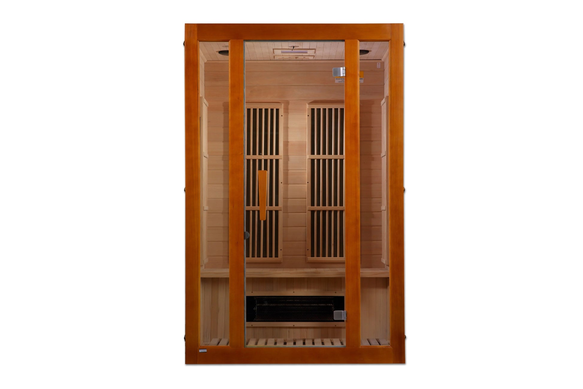 Two-person infrared sauna with natural wood construction, tempered glass doors, two wooden benches, and black heater panels, 